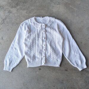 Vintage White Knit Crochet Collar Long Sleeve Cardigan Sweater